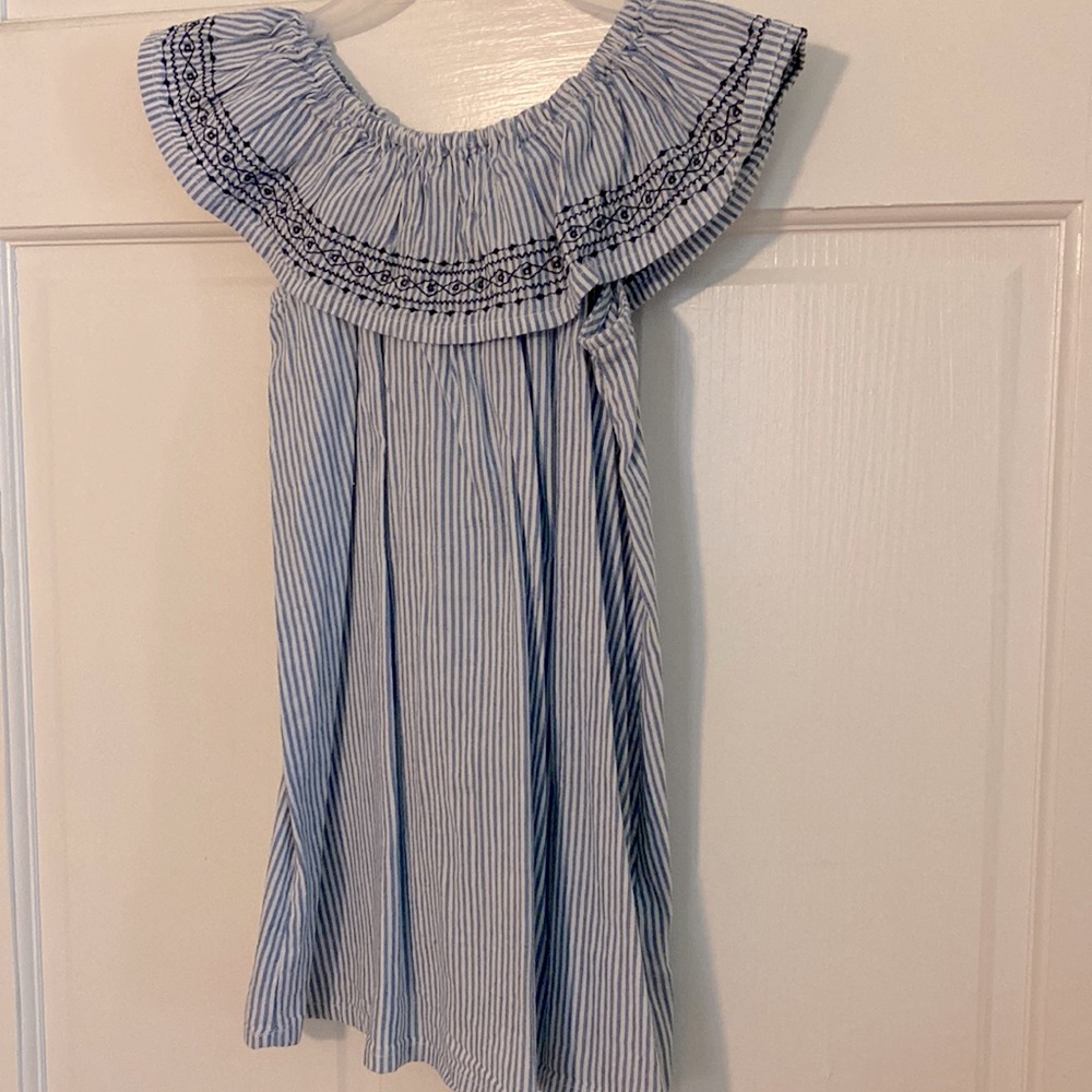Off the shoulder blue and white dress
